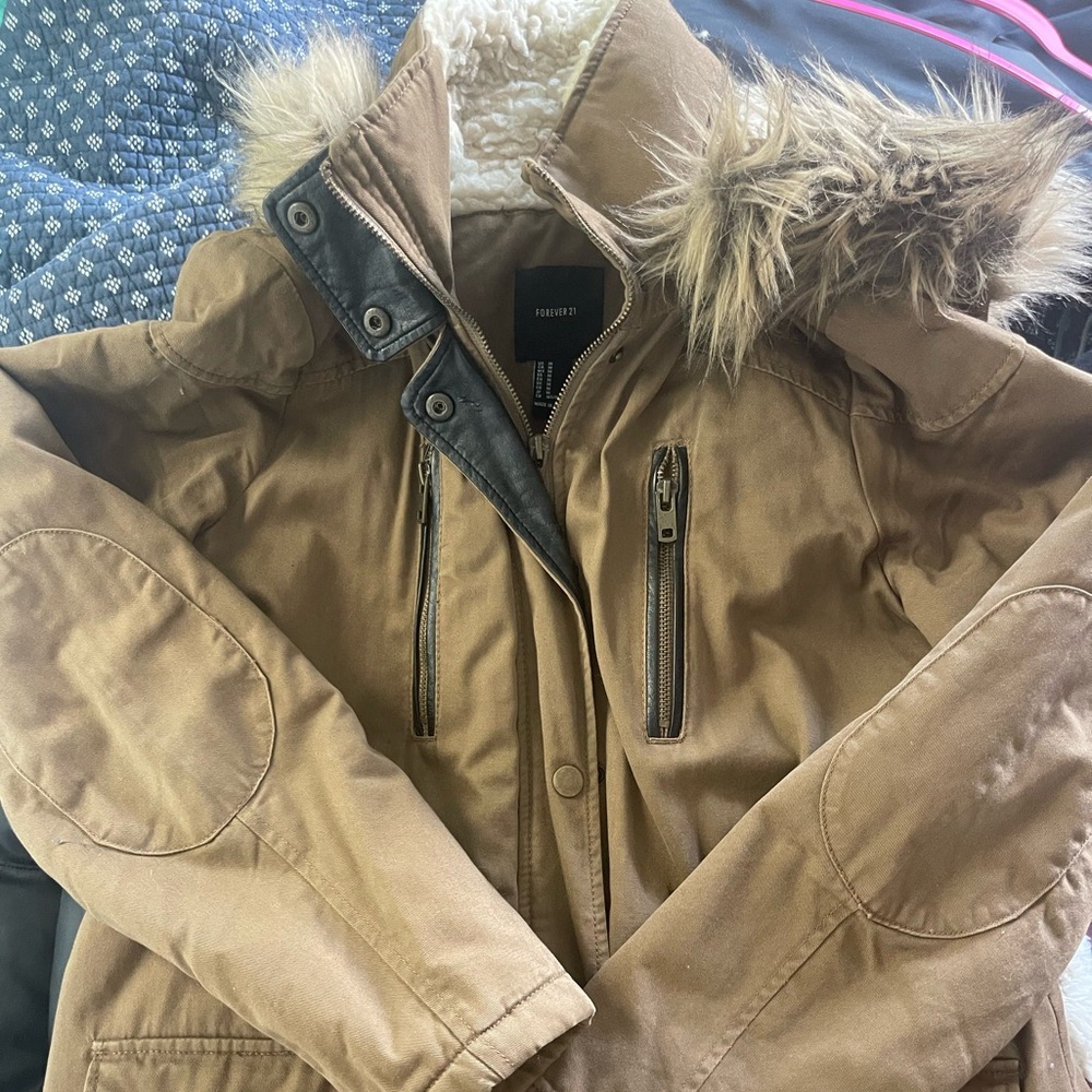 Forever 21 Coat with Faux Fur Trim